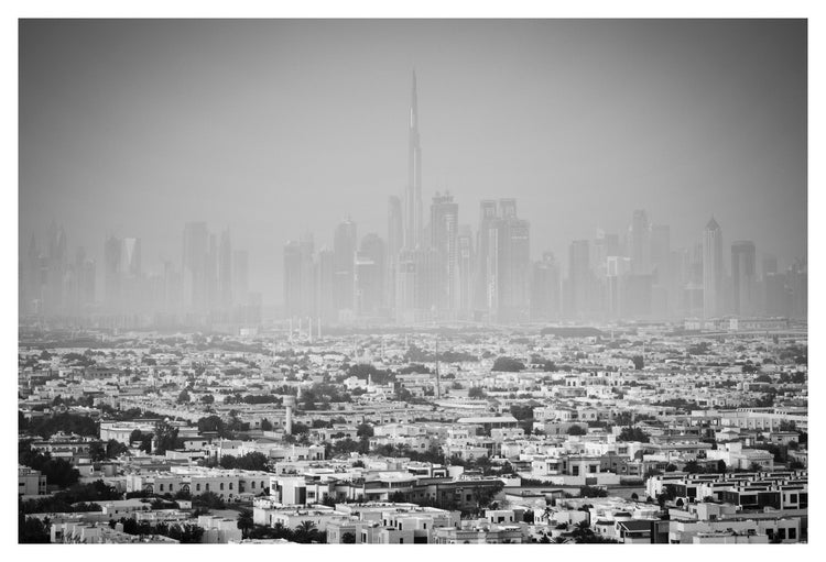 Black and white fine art photograph of Dubai skyline, featuring Burj Khalifa. Archival Hahnemühle print.